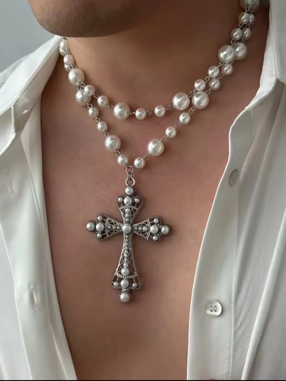 White Pearl Bead Necklace with Ornate Silver Cross Pendant